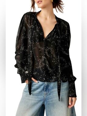 Free People Stars Align Print Tie Neck Top